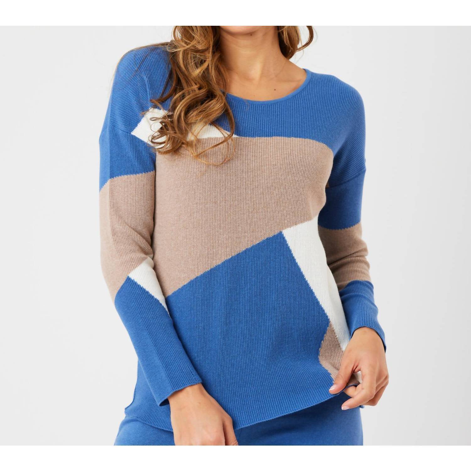 New Angel Apparel Color Block V-Neck Sweater In Denim/Multi
